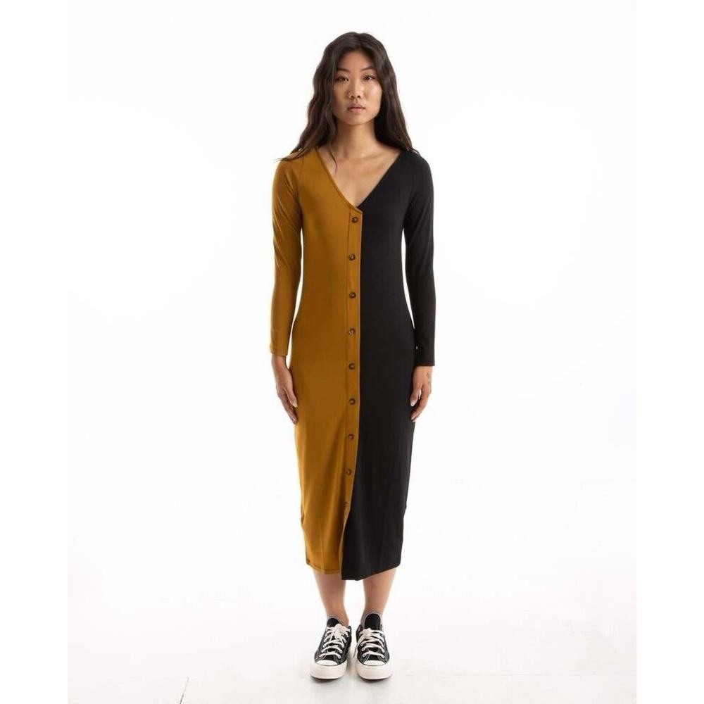 Vada Winter Large Women Button Up Boho Bougie Basic Dress MIDI Long Sleeve N5v